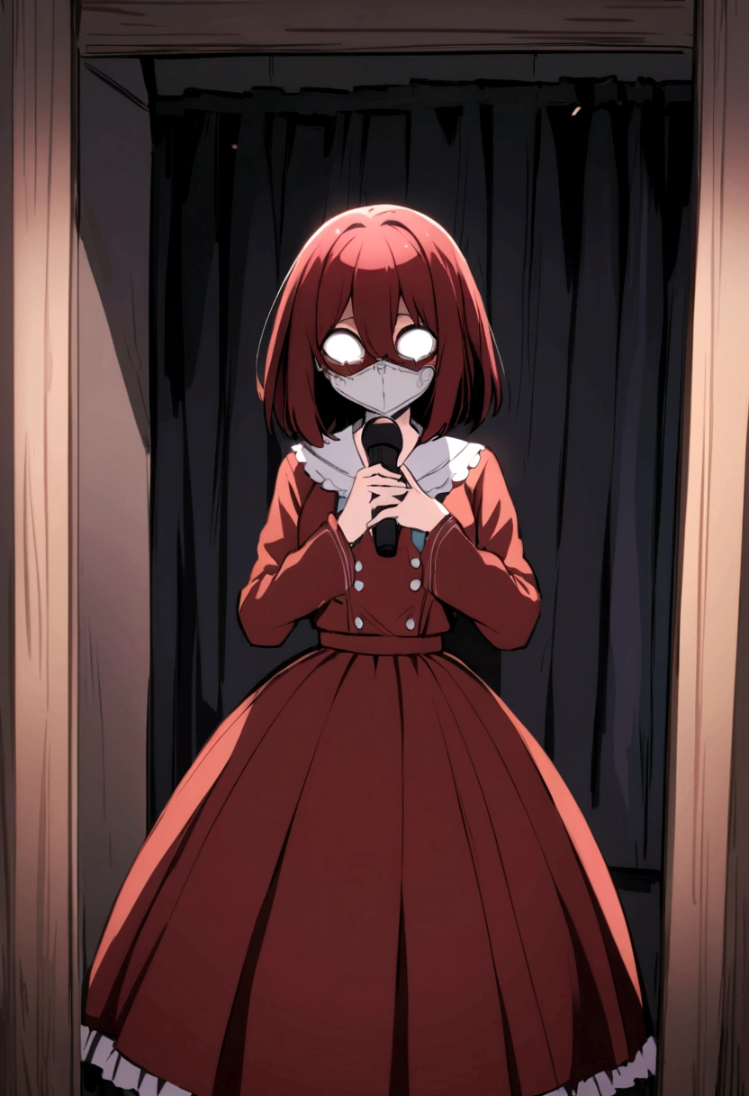 An anime girl with dark red hair wearing a mask with terrifying details in a room with terrifying details in front of her with a microphone