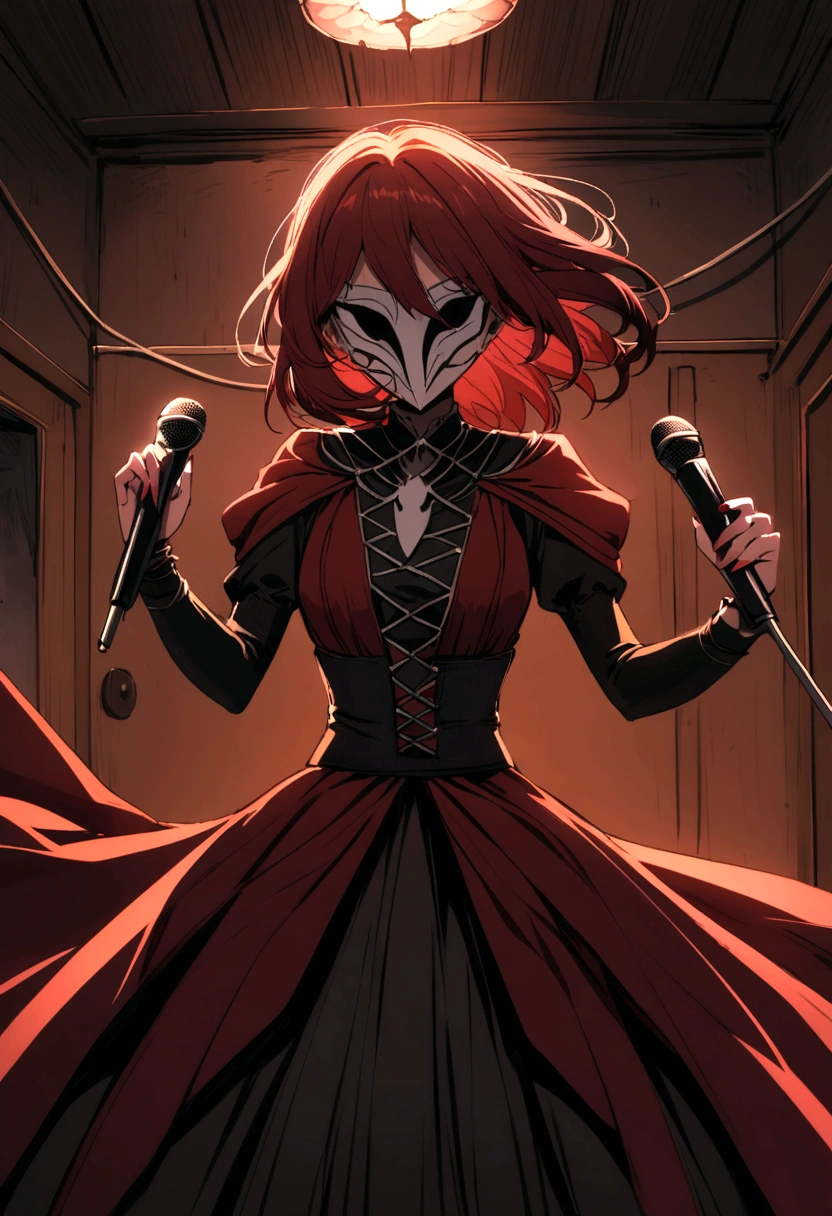 An anime girl with dark red hair wearing a mask with terrifying details in a room with terrifying details in front of her with a microphone