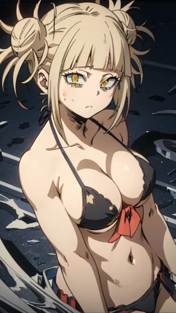 himikotoganova, (1girl, solo), blonde hair, double bun, messy hair, bangs, (perfect eyes, yellow eyes), black bikini, bags under eyes, breasts, looking at viewer, titled forward