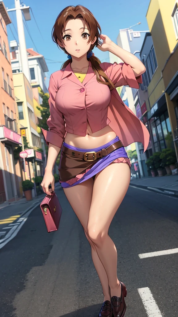 In anime, a girl with light skin, sexy, cute, leaders, long brown hair, her brown eye, wears a pink button-down blouse, shows her navel, and a short blue skirt, black shoe, she travels, flying, sky background, city.