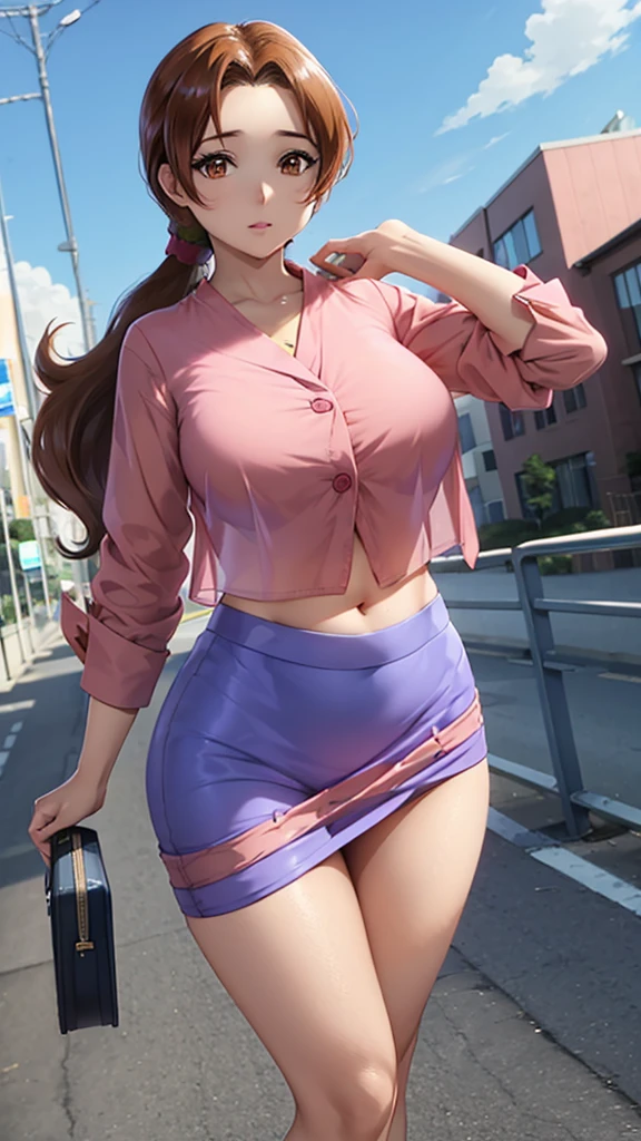 In anime, a girl with light skin, sexy, cute, leaders, long brown hair, her brown eye, wears a pink button-down blouse, shows her navel, and a short blue skirt, black shoe, she travels, flying, sky background, city.