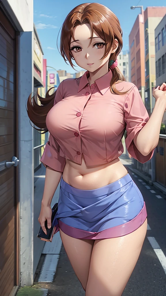 In anime, a girl with light skin, sexy, cute, leaders, long brown hair, her brown eye, wears a pink button-down blouse, shows her navel, and a short blue skirt, black shoe, she travels, flying, sky background, city.