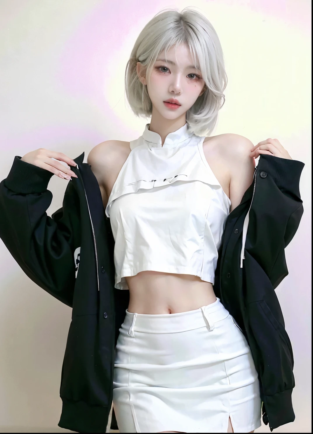 Beautiful woman with perfect figure:1.4,Ultra-high resolution,White background,(Realism:1.4),Layered hairstyle,White skin,JK:1.5,Super short pleated skirt,whole body:1.4,Very delicate and skin texture,Double eyelids,Skin Whitening,Long hair,White hair