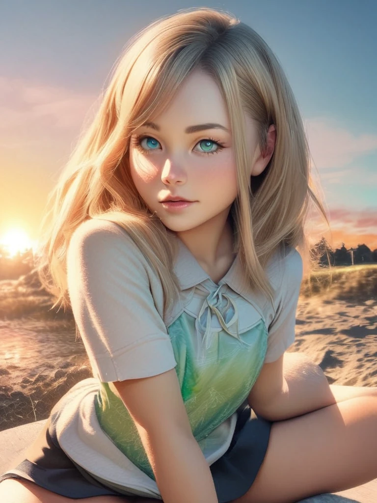 Beautiful 13 year old German girl, entire body in frame, Blue or green eyes, blonde, developer, Mini Dress, sitting, open legs, tight panties, camel toes, Realistic colors, sunrise