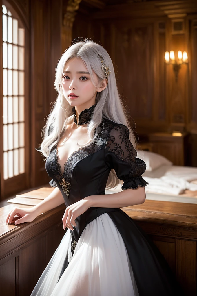 ((masterpiece:1.5,Highest quality,Highly detailed images,Beautiful images、Realistic、Photorealistic、2.5D))(1girl, 独奏)(medium breasts, white hair, black eyes, Healthy legs、Tight ass、Beautiful cleavage)(Fantasy dresses、Fantasy Clothes、Black battle dress、Deep slit)(wind, floating hair)(Inside the castle、The King's Chamber）

