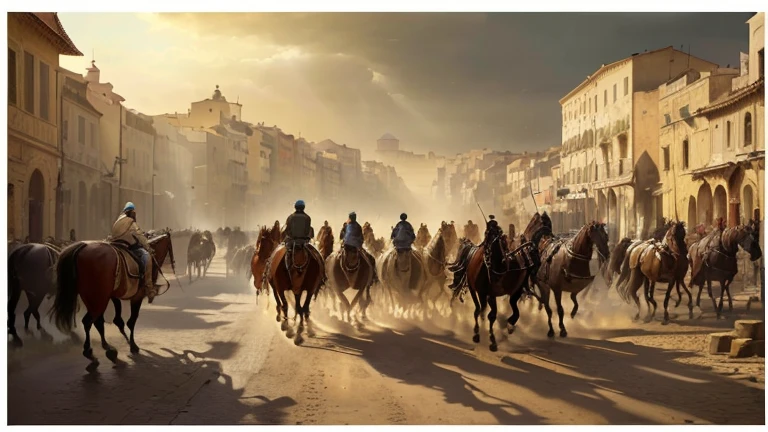 there are many people riding horses in a street with buildings, ben hur, by Artur Tarnowski, by Ibrahim Kodra, cavalry, by Mirabello Cavalori, gorgeous, roman city, cavalry charge, stunning art, dorne, heavy cavalry, background of invading army, by Raphael Lacoste, trojan war, the fall of constantinople