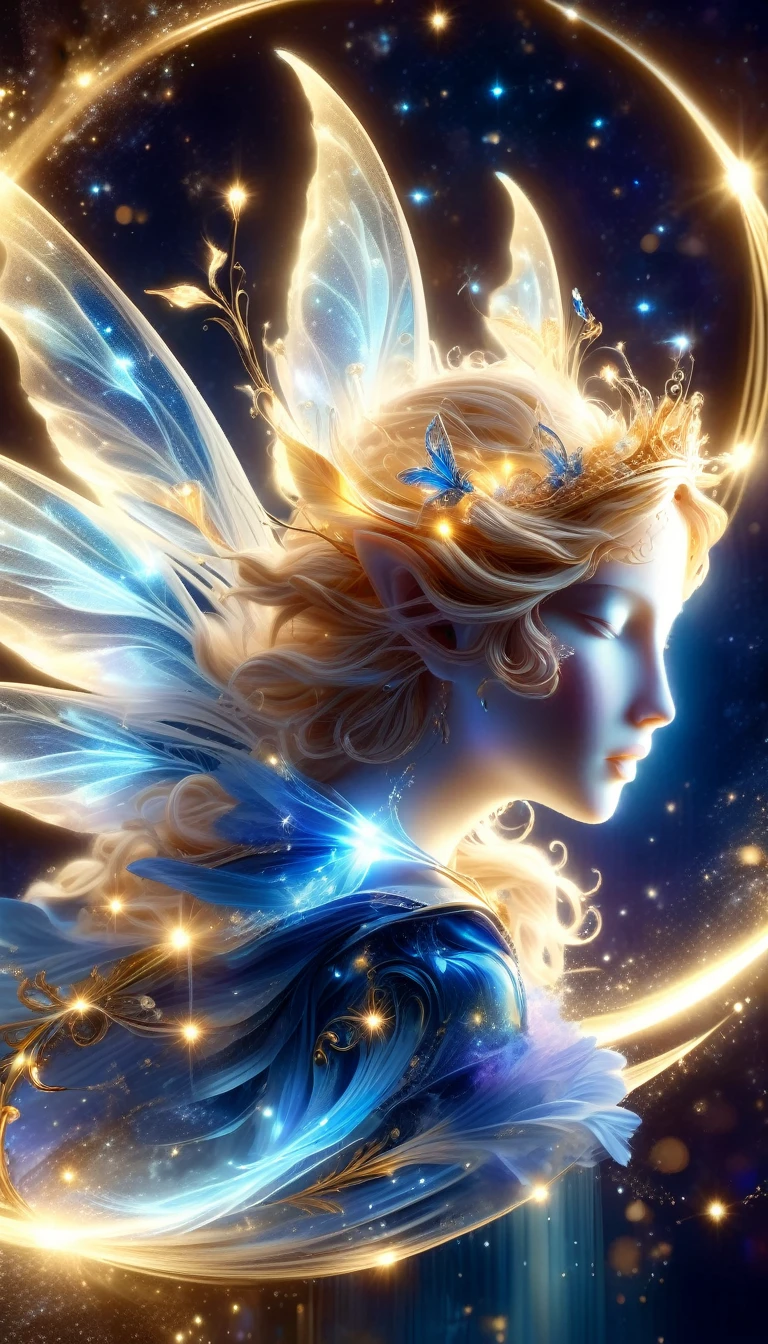 Made by AIS-RCN, 8K Photo, "words, A fairy with glowing blue wings, Golden Horn, Jump out of the light, Transform your thoughts into delicate works of art.", Supple, Spotlight