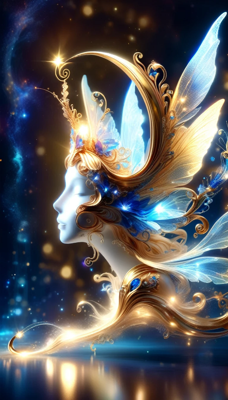 Made by AIS-RCN, 8K Photo, "words, A fairy with glowing blue wings, Golden Horn, Jump out of the light, Transform your thoughts into delicate works of art.", Supple, Spotlight