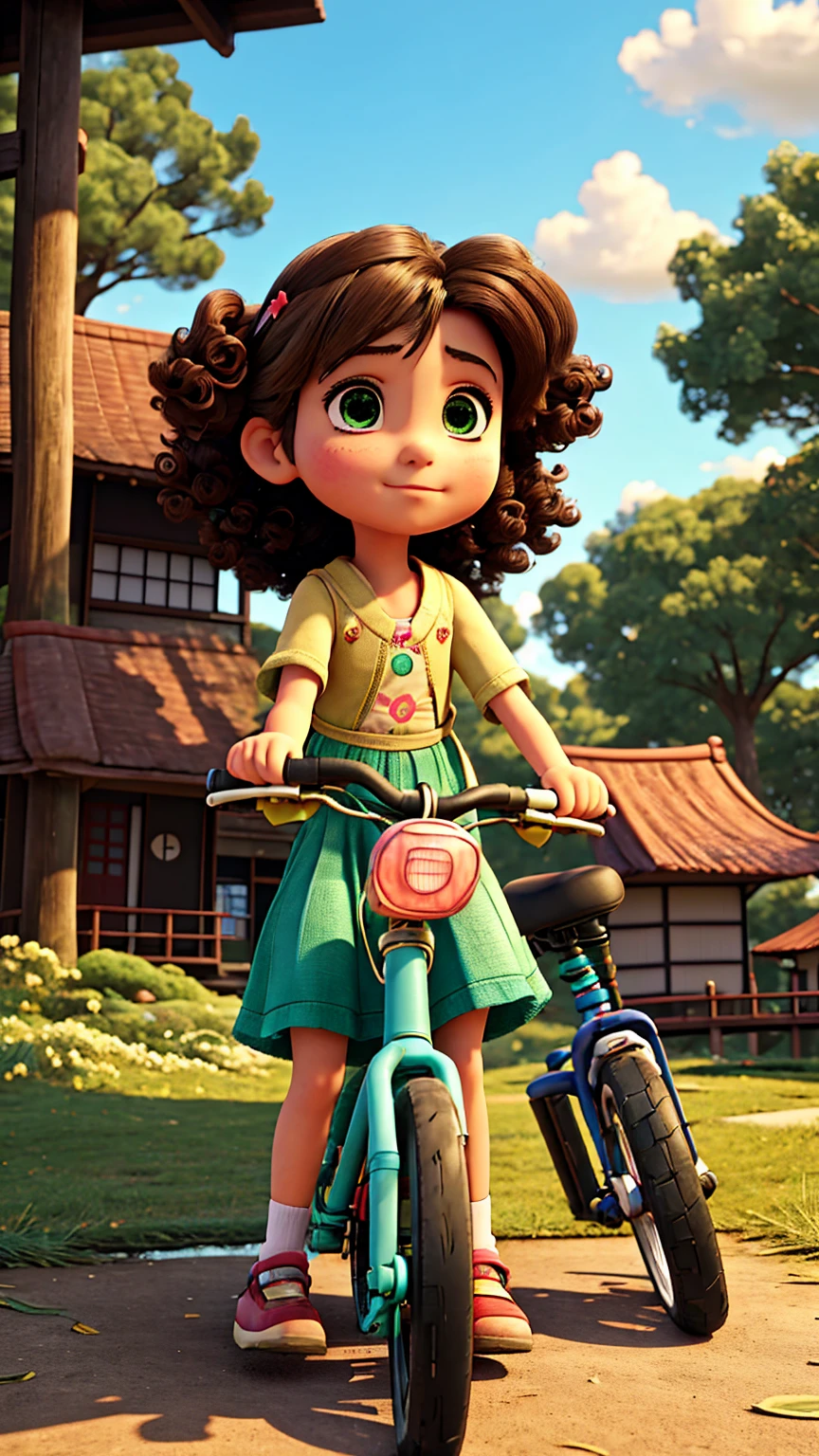 Create a Japanese anime-style scene in the same small, sunny town park. It’s still a bright, clear day with the same fluffy clouds in the sky. The scene features a young girl named Mia, around , sitting next to her broken bicycle. Mia has curly hair and big, expressive eyes. She is dressed in colorful, playful clothes. Mia looks dejected, with her bicycle that is broken on its side beside her. The background includes the same lush green trees and colorful flowers from the previous scene, maintaining consistency. A few park-goers are visible in the distance, continuing to enjoy their day. The atmosphere remains peaceful, but with a touch of concern on Mia’s face as she stares at her broken bicycle. Please ensure the style is consistent with traditional Japanese anime, with bright colors, expressive characters, and detailed backgrounds.