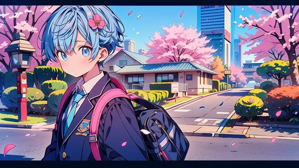 1boy,Highest quality、Masterpiece、Official Art、The best dynamic composition、Light blue hair color、The boy is a junior high school student、Entrance Ceremony、uniform、Navy blue blazer and navy blue trousers、White dress shirt、Blue tie、sneakers、Cherry blossom petals、Baby Face、Cowboy Shot、Navy blue school bag