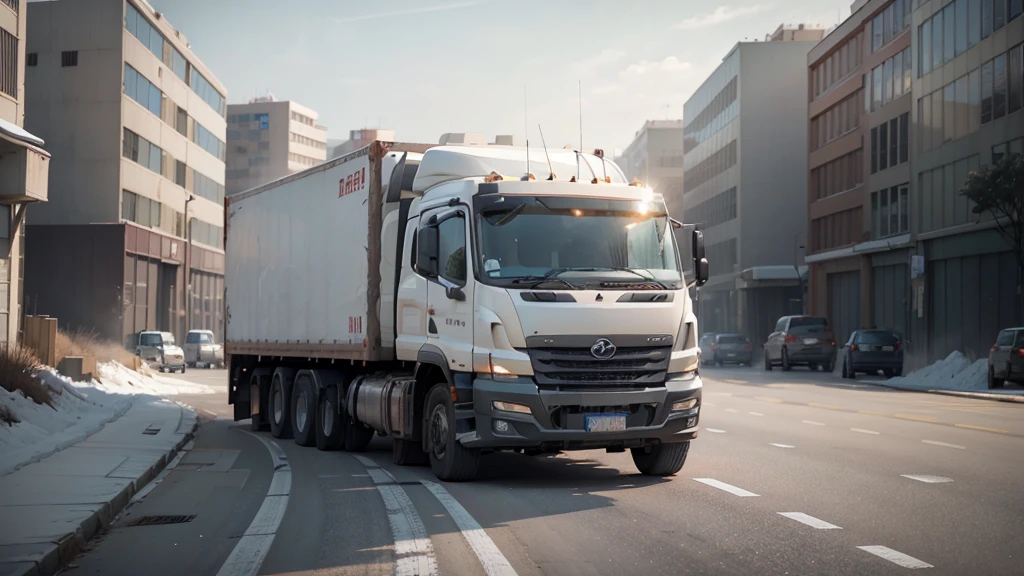 Please generate an illustration of Logistics Navigation. The background should show a world map laid on the ground with several large trucks parked on it and boxes irregularly stacked around. In the sky, add effects indicating GNSS signal reception. The image should depict how GNSS technology helps logistics companies optimize navigation, enhance resource efficiency, and monitor operator behavior, thereby reducing accidents and ensuring vehicle and equipment health. The photo angle can be from t
