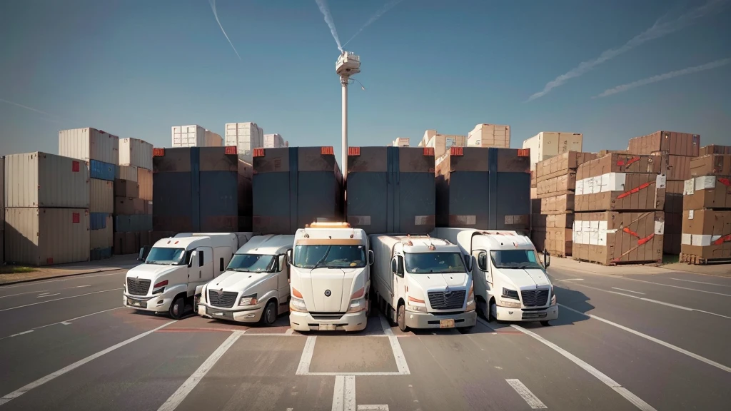 Please generate an illustration of Logistics Navigation. The background should show a world map laid on the ground with several large trucks parked on it and boxes irregularly stacked around. In the sky, add effects indicating GNSS signal reception. The image should depict how GNSS technology helps logistics companies optimize navigation, enhance resource efficiency, and monitor operator behavior, thereby reducing accidents and ensuring vehicle and equipment health. The photo angle can be from t