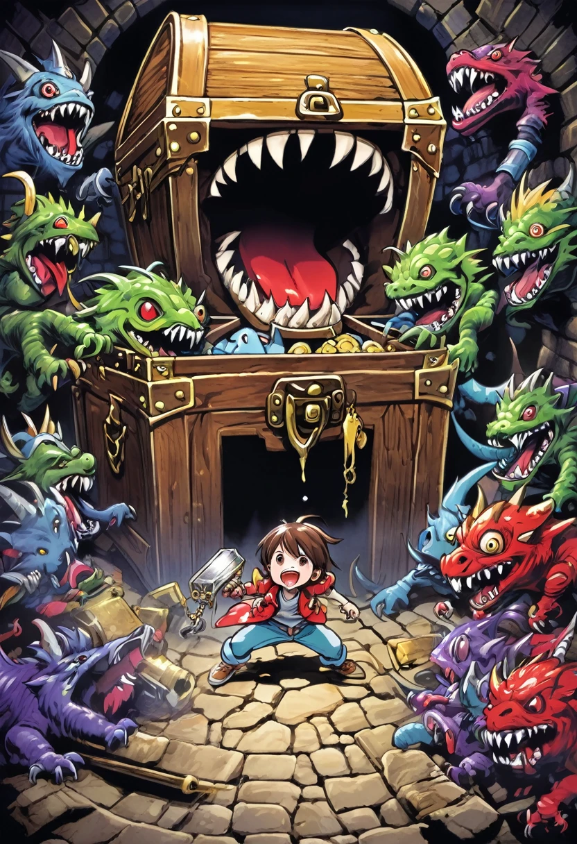 mimic, Treasure Chest Monsters Attack Adventurers、Deep in the Dungeon、Hands and feet sticking out of mouth、Marker Outline、