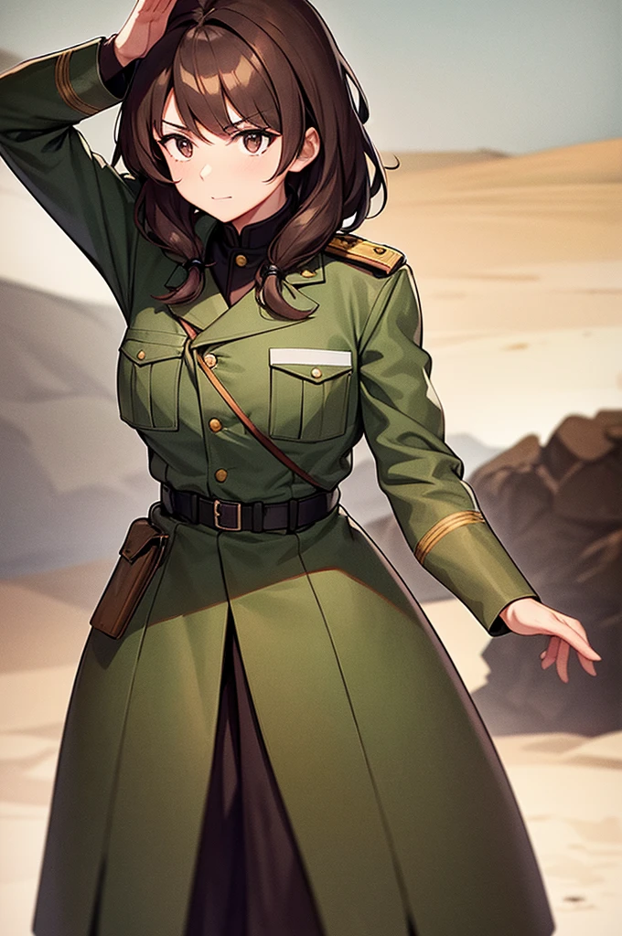 Content:
A black, female general with brown hair and brown eyes. Her uniform takes loose inspiration from German military uniforms, without any medals or a hat. She is saluting to the camera with a confident look in her eyes. She looks serious.

Medium:
Digital art, anime illustration.

Lighting:
Soft, natural lighting to emphasize her features and the details of her uniform, creating a balanced and realistic look.

Colours:
A palette of military greens and browns, with subtle highlights to bring out the texture of the uniform and the character's features. The background is a desert setting.

Composition:
A full-body shot, showcasing the character's mature look. She stands confidently, with her hand raised in a salute, and the desert landscape in the background.