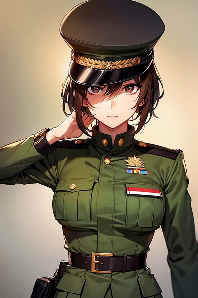 Content:
A black, female general with brown hair and brown eyes. Her uniform takes loose inspiration from German military uniforms, without any medals or a hat. She is saluting to the camera with a confident look in her eyes. She looks serious.

Medium:
Digital art, anime illustration.

Lighting:
Soft, natural lighting to emphasize her features and the details of her uniform, creating a balanced and realistic look.

Colours:
A palette of military greens and browns, with subtle highlights to bring out the texture of the uniform and the character's features. The background is a desert setting.

Composition:
A full-body shot, showcasing the character's mature look. She stands confidently, with her hand raised in a salute, and the desert landscape in the background.