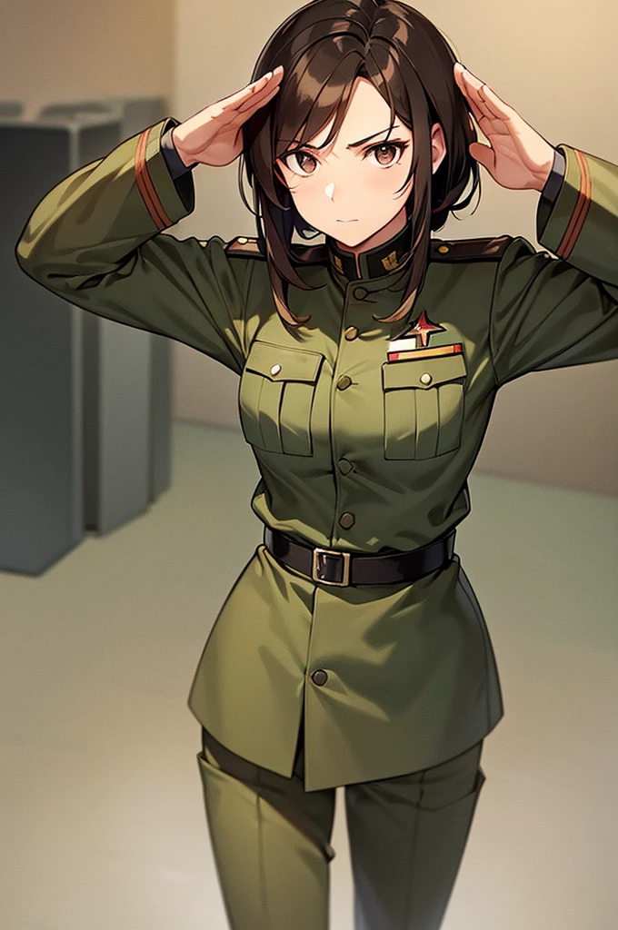 Content:
A black, female general with brown hair and brown eyes. Her uniform takes loose inspiration from German military uniforms, without any medals or a hat. She is saluting to the camera with a confident look in her eyes. She looks serious.

Medium:
Digital art, anime illustration.

Lighting:
Soft, natural lighting to emphasize her features and the details of her uniform, creating a balanced and realistic look.

Colours:
A palette of military greens and browns, with subtle highlights to bring out the texture of the uniform and the character's features. The background is a desert setting.

Composition:
A full-body shot, showcasing the character's mature look. She stands confidently, with her hand raised in a salute, and the desert landscape in the background.