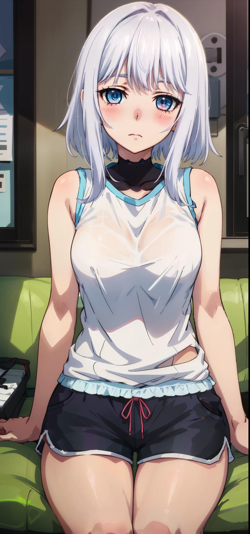 1 girl, kanon kanase,  blush, medium breasts, sleeveless,((( shirts, shorts))),  20-year-old, healthy skin, closed mouth, (indoors), detailed eyes. Sitting.