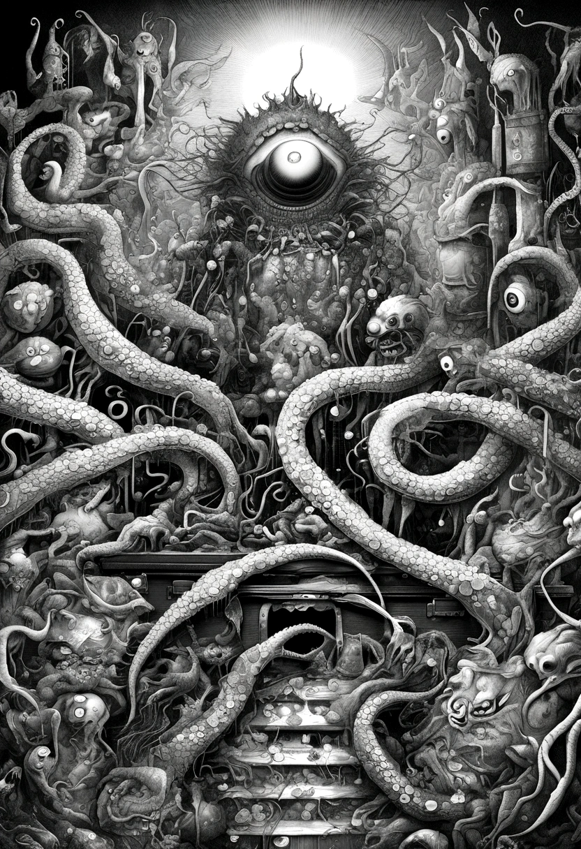 dark,fear,pain,struggle,Viscous liquid,(((A strange, one-eyed, fanged, ugly monster in a chest full of jewels in the swamp.,Long tentacles))),Scattered jewelry,greedy