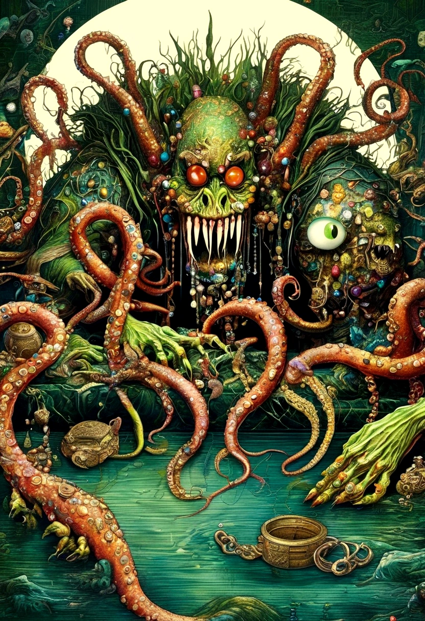 dark，fear，pain，struggle，Viscous liquid，(((A strange, one-eyed, fanged, ugly monster in a chest full of jewels in the swamp.，Long tentacles)))，Scattered jewelry,greedy