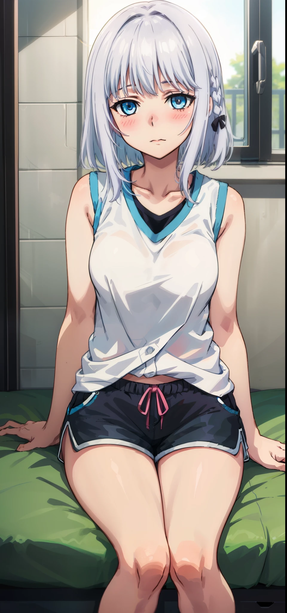 1 girl, kanon kanase, blush, medium breasts, sleeveless,((( shirts, shorts))), 20-year-old, healthy skin, closed mouth, (indoors), detailed eyes. Sitting.