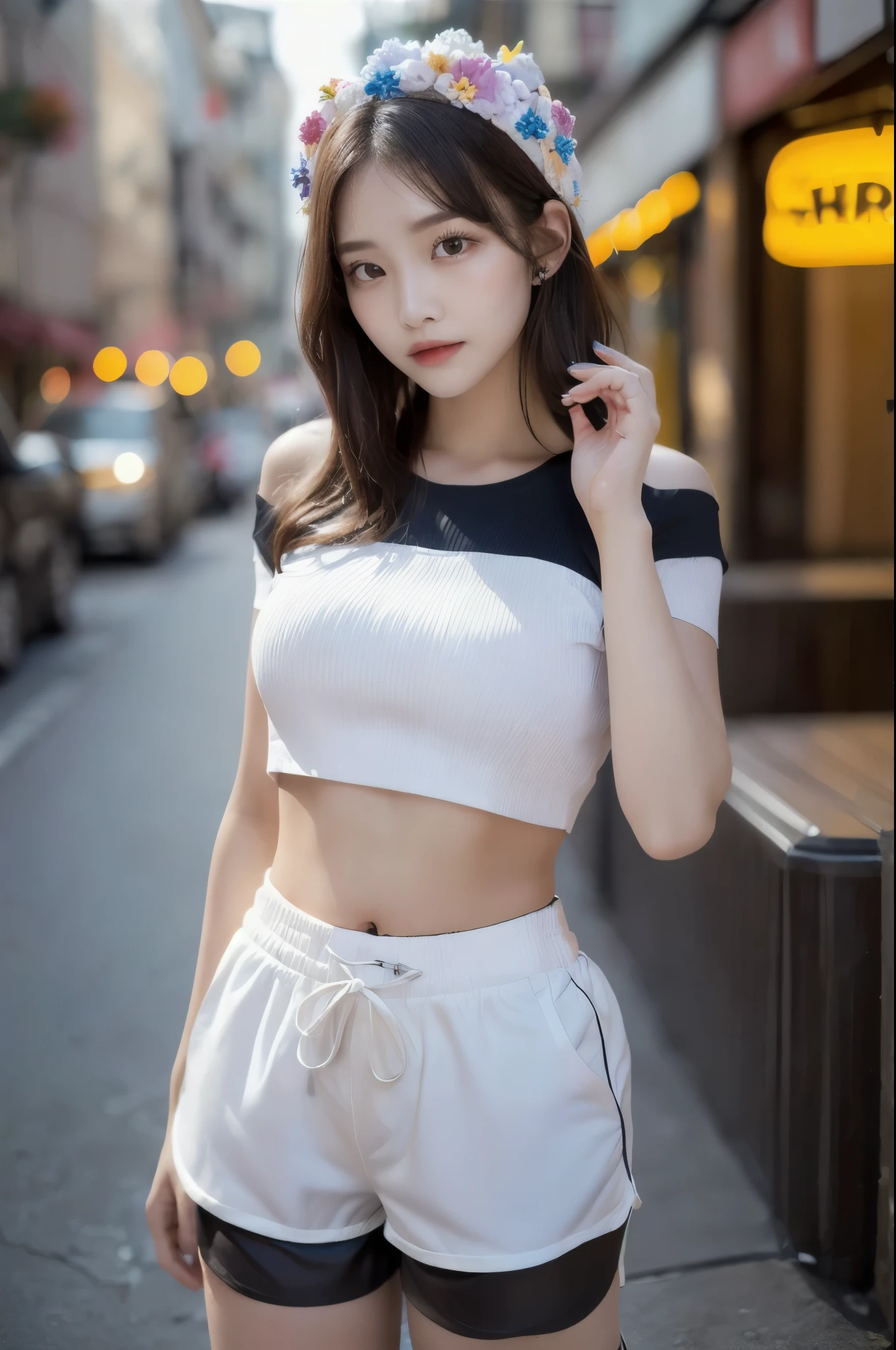 ((Highest quality, 8K, masterpiece: 1.3)), (Flower Cap: 1.3), concentrated: 1.2, Perfect Body Beauty: 1.4, Hips: 1.2, (Layered Haircut: 1.2)), (Dark Street: 1.3), Highly detailed face and skin texture, whole body, Delicate eyes, double eyelid, White skin, Long Hair, (Round face: 1.5), (loose crop top, Shorts: 1.6)