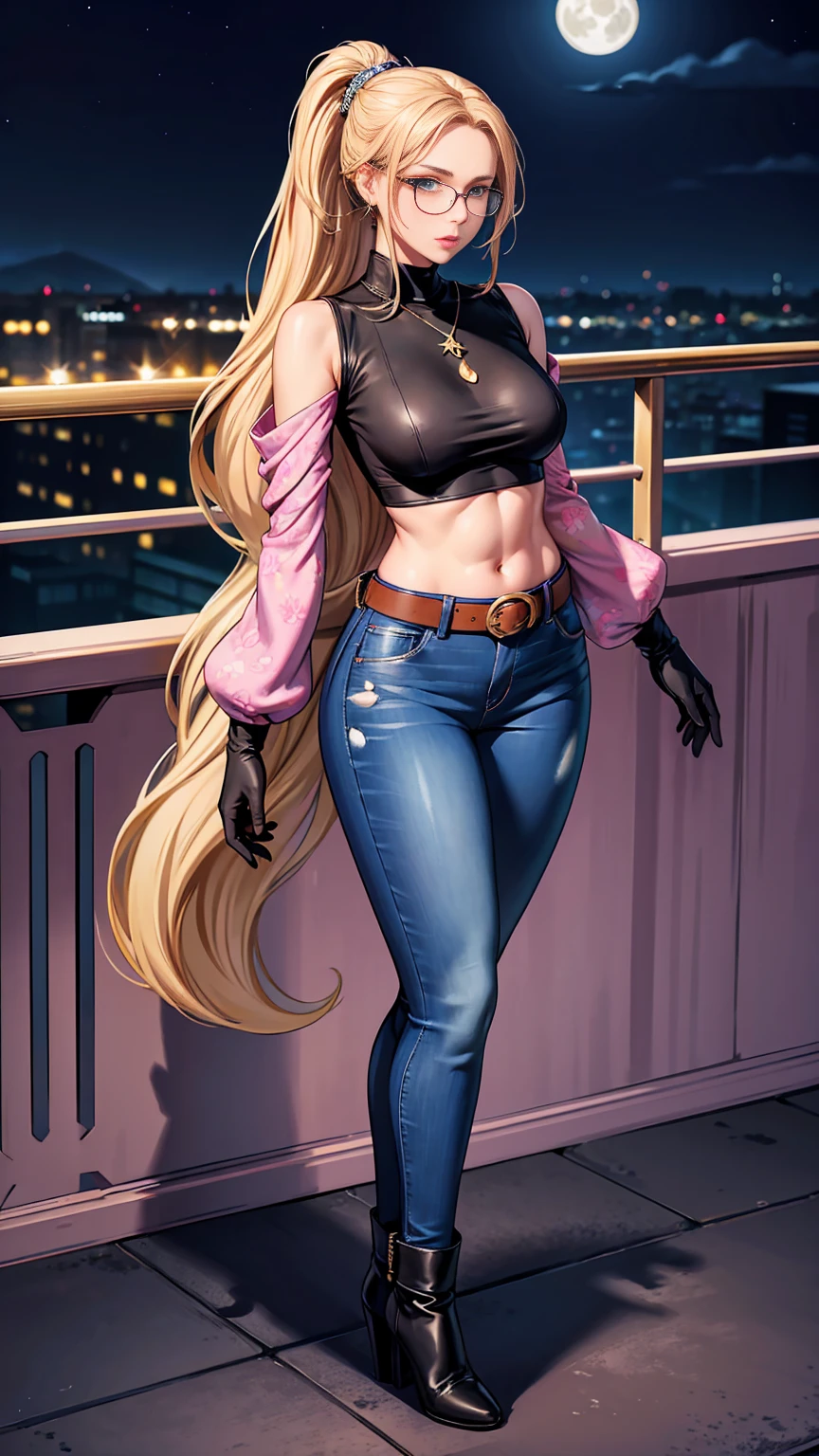 Beautiful woman with mid straight wavy ponytail blond hair with blue eyes wearing Tight Jeans Skirt With Leather Belt, Pink Sexy Criss Cross Mock Neck With Mid Sleeves Blouse With Phoenix Prints, luxurious jewelry and luxurious necklace, rimless glasses, pointless gloves, high heel boots, standing in a balcony at night of full moon, (caucasian skin), (light brown lipstick), (elegant mascara), (slim body with abs), (small breasts), (wide hips), midjourney, <lora:GoodHands-, <lora:GoodLegs-, UHD, high resolution, (masterpiece:1.9, best quality), (expressive eyes, perfect face, full body, expressive face, perfect body, perfect pussy, athletic, fit, slim body, blushing, Perfect makeup, eyeliner, beautiful eyelashes, smiling, horny face), ((best illumination, best shadows)), ((sexy pose))