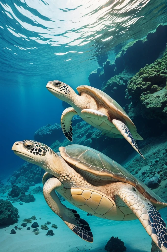 Raise a sea turtle in a beautiful landscape in a world without humans