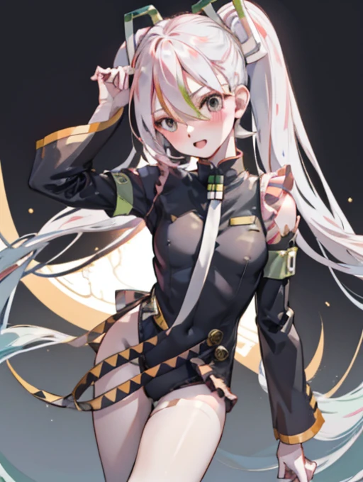 crotch,between legs ,smile,open mouth,pleasure,blush,embarrassed,(((low angle))),(best quality, 8k, masterpiece:1.2, nsfw,ultra-detailed,realistic,photorealistic,anime,Soft lighting,Bokeh), luka_megurine \(vocaloid\),sakura luka,1girl,Anime-like beautiful girl,silky smooth and very beautiful skin,very beautiful embarrassed face,Ordinary chest, 5headed body,Skinny type,Not muscular,5This refers to,Manicure is cherry colored, break, Perfectly beautiful figure,Height 162cm,Bust 87cm,Waist 56cm,Hip 85cm, blue eyes, girl, very long hair, purple eyes, long hair, solo, (bangs, pink hair, shining hair, light pink hair, ),official alternate costume, (((bunny leotard))), hair ornament, collarbone, (((casual leotard)), (((black frilled leotard:1.4))),(((ribbon_trimmed leotard,frilled leotard))).
