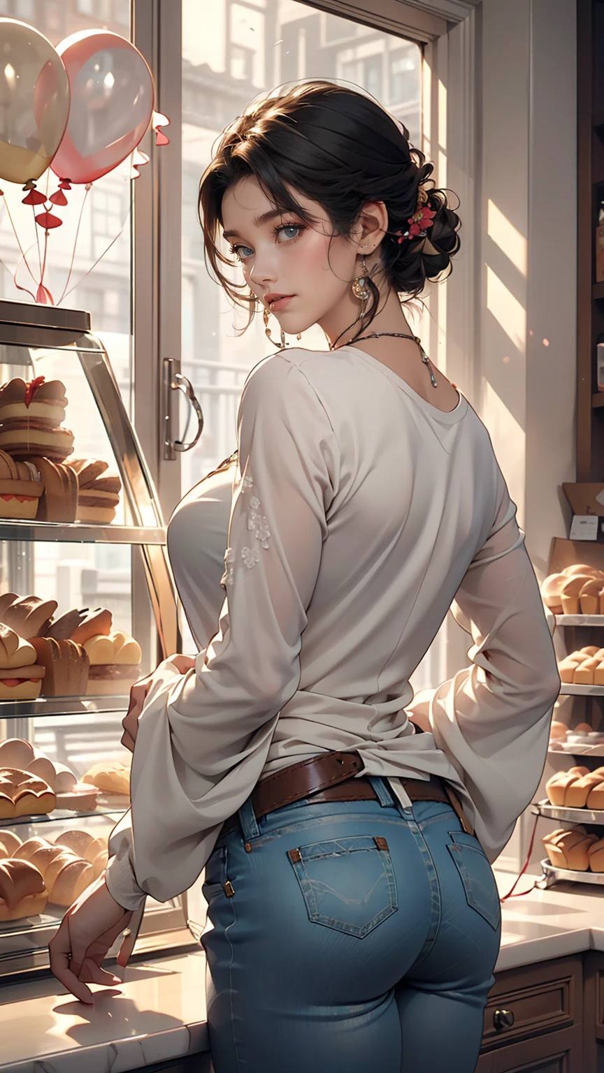 (8K, RAW photos, best quality, masterpiece:1.2), (realistic, photo-realistic:1.3)、((1 woman)), 20 year old Japanese woman with a beautiful face.、hair is gray、Eye color is dark blue, smile, high definition face, Curly short hair, (((bakery, display case window)), (((Looking back from the window wearing a balloon sleeve and jeans))), glowing skin, photometry, (((slim body))), Vivid colors, various postures,