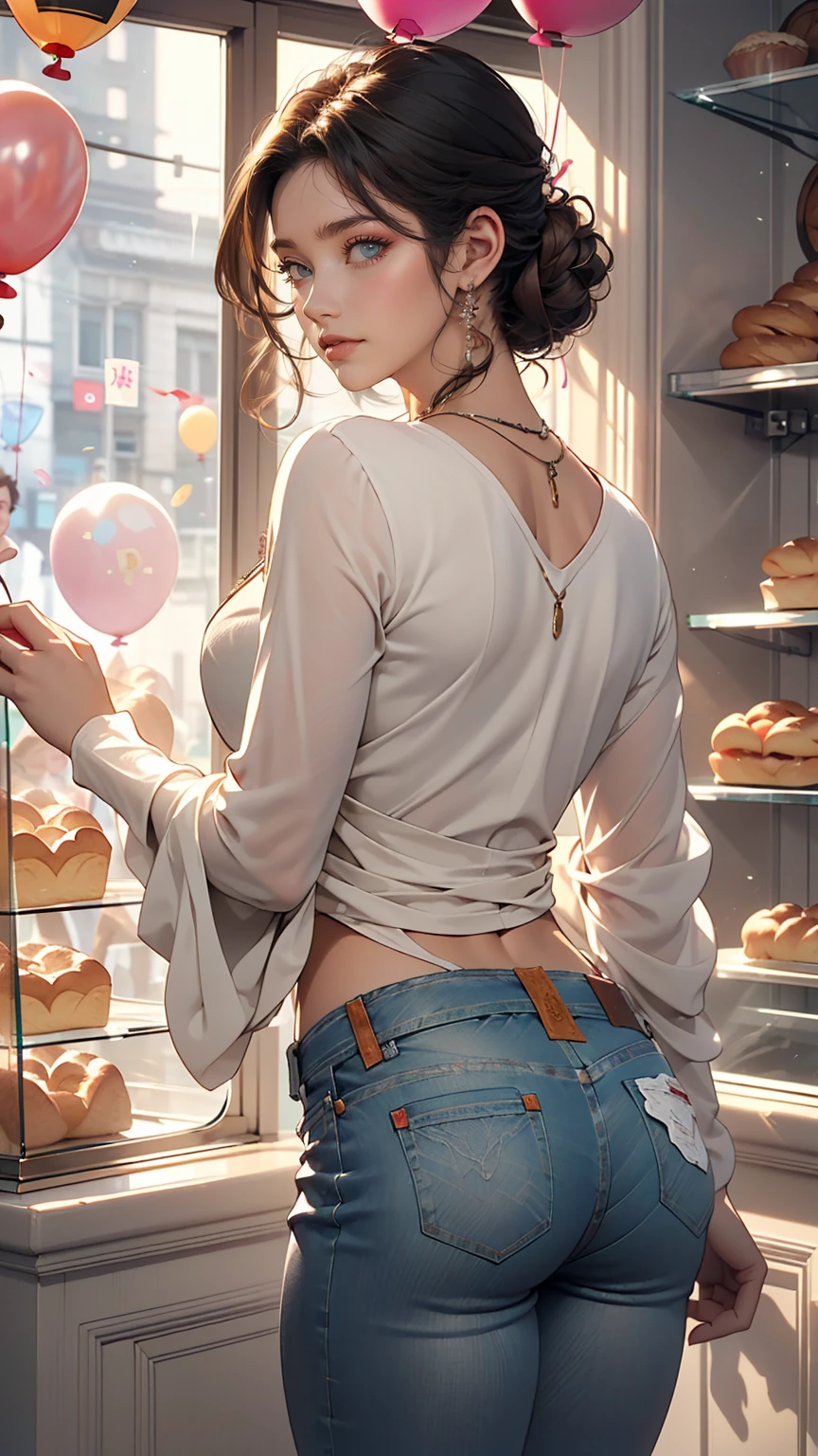 (8K, RAW photos, best quality, masterpiece:1.2), (realistic, photo-realistic:1.3)、((1 woman)), 20 year old Japanese woman with a beautiful face.、hair is gray、Eye color is dark blue, smile, high definition face, Curly short hair, (((bakery, display case window)), (((Looking back from the window wearing a balloon sleeve and jeans))), glowing skin, photometry, (((slim body))), Vivid colors, various postures,