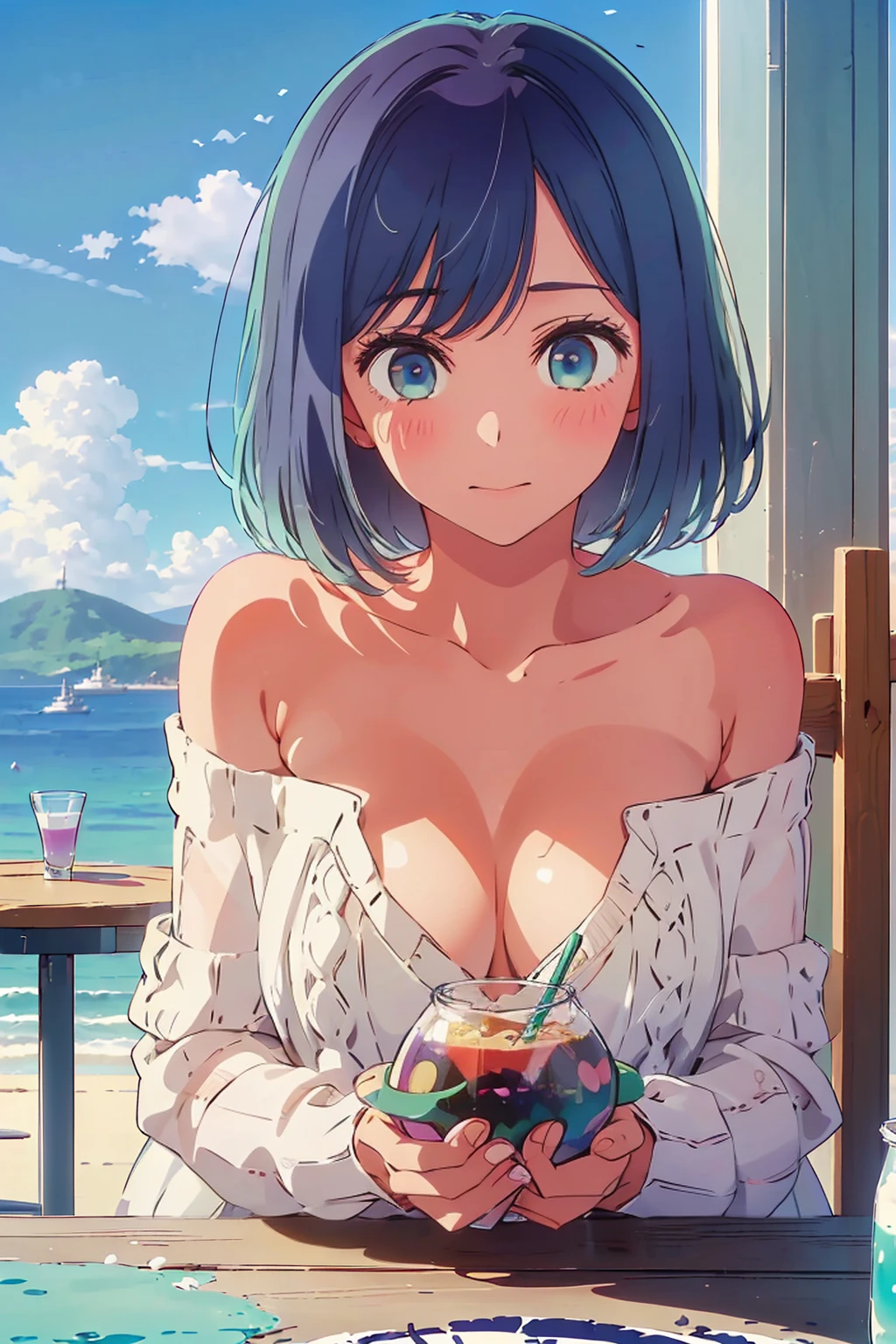 (Highest quality:1.4、8K:1.4、detailed)、F cup bust、Big Breasts、Slim body、Very white beautiful skin、((((1 person、Surprised expression、sit、Chair、In the background are the urban buildings of Tokyo、looking at the camera、Outdoor café terrace、coastal、Navy hair color、juice、Shooting up close、table、Very cute face))))、(Pose of putting hair behind ears with hands:1.4)、((((Areola、Oversized off-the-shoulder sweater、nude))))、Very blue sky、A completely cloudless sky