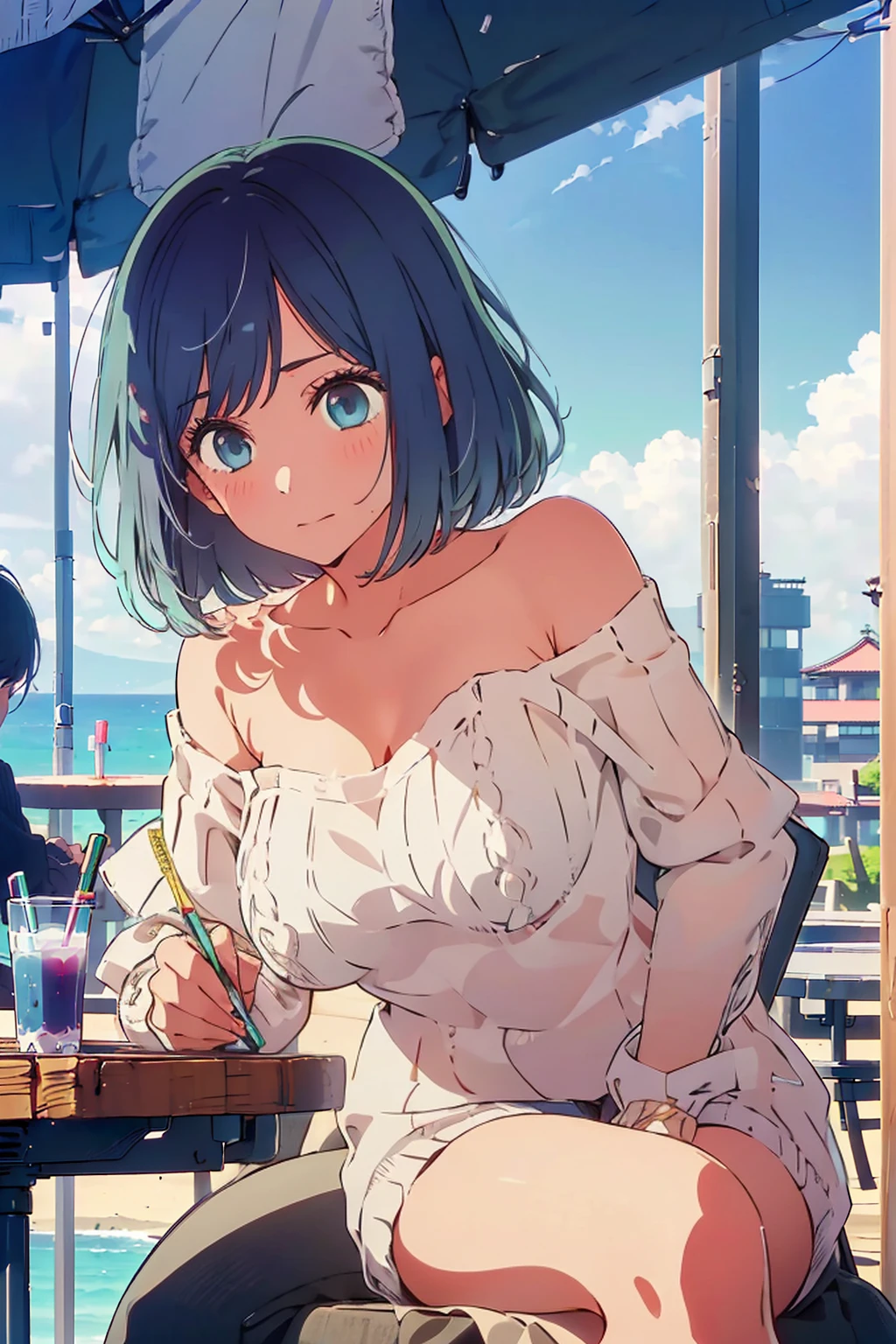 (Highest quality:1.4、8K:1.4、detailed)、F cup bust、Big Breasts、Slim body、Very white beautiful skin、((((1 person、Surprised expression、sit、Chair、In the background are the urban buildings of Tokyo、looking at the camera、Outdoor café terrace、coastal、Navy hair color、juice、Shooting up close、table、Very cute face))))、(Pose of putting hair behind ears with hands:1.4）、((((Areola、Oversized off-the-shoulder sweater、nude))))、Very blue sky、A completely cloudless sky