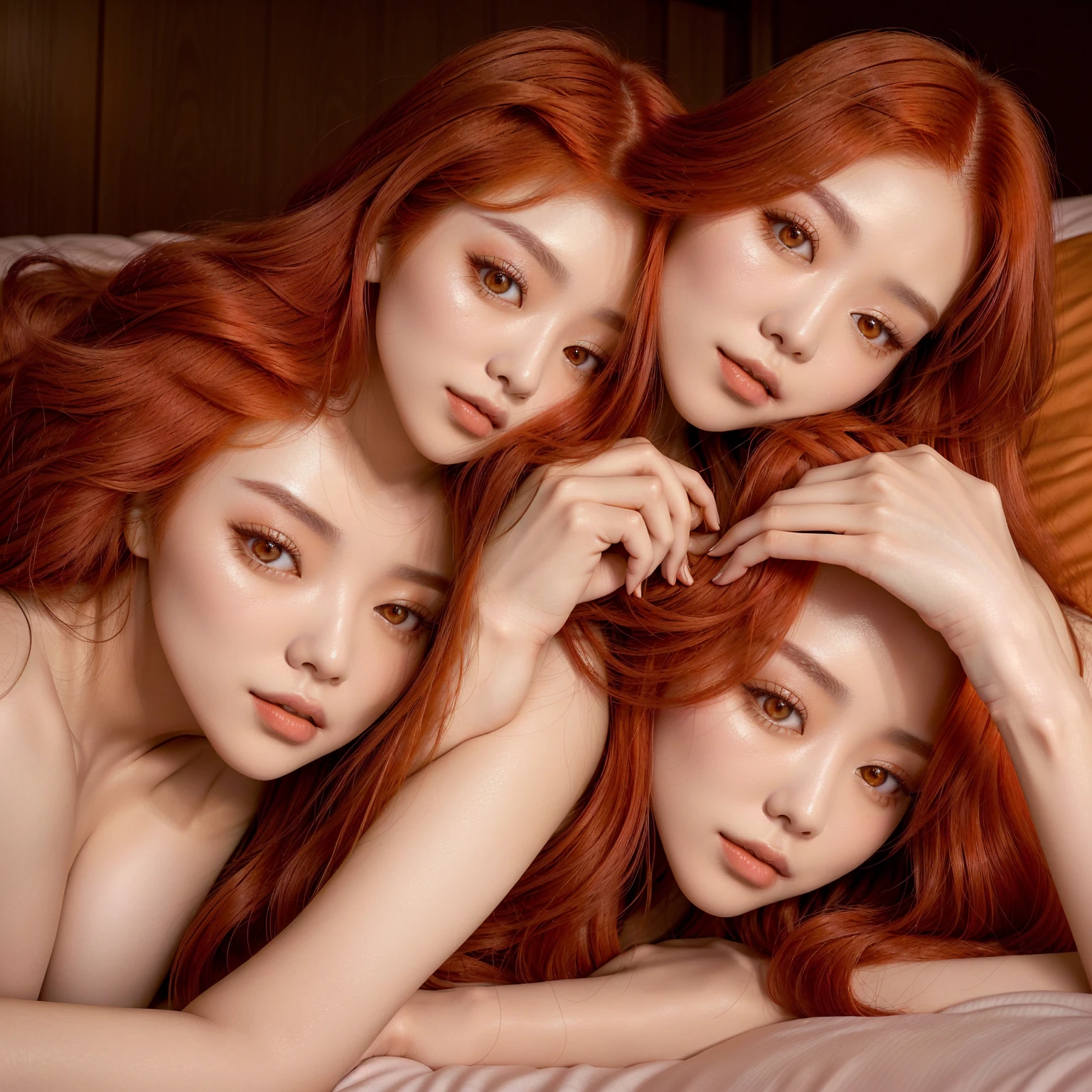 Asian woman with red hair lying on a bed with her hand on her chin, she has long orange hair, She has long orange-brown hair., sun yunjoo, tzuyu of two times, jossi de blackpink, jinyoung shin, roseanne park by blackpink, dilraba dilmurat, lalisa manobal, she has red hair