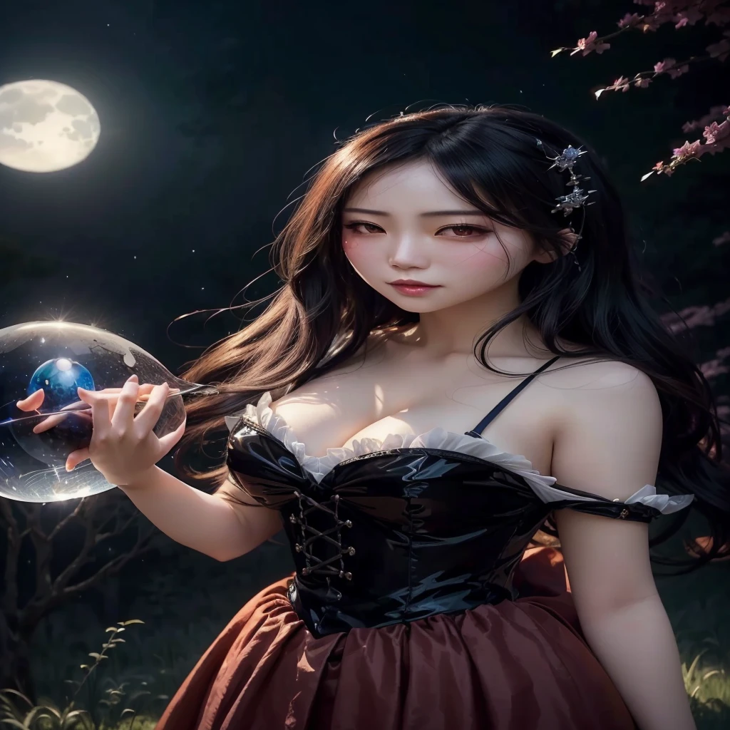 a close up of a woman holding a crystal ball in a field, anime girl cosplay, artwork in the style of guweiz, guweiz, fantasy art style, a  maid in a magical forest, realistic cosplay, anime girl in real life, busts large,,dark fantasy style, by Yang J, fantasy photography, classical witch, japanese goddess, chinese girl