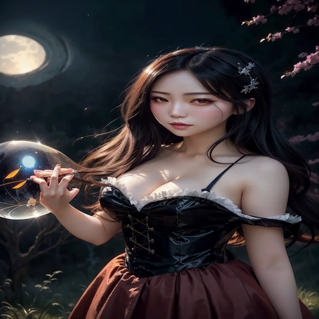 a close up of a woman holding a crystal ball in a field, anime girl cosplay, artwork in the style of guweiz, guweiz, fantasy art style, a sexy maid in a magical forest, realistic cosplay, anime girl in real life, busts large,sexy,dark fantasy style, by Yang J, fantasy photography, classical witch, japanese goddess, chinese girl