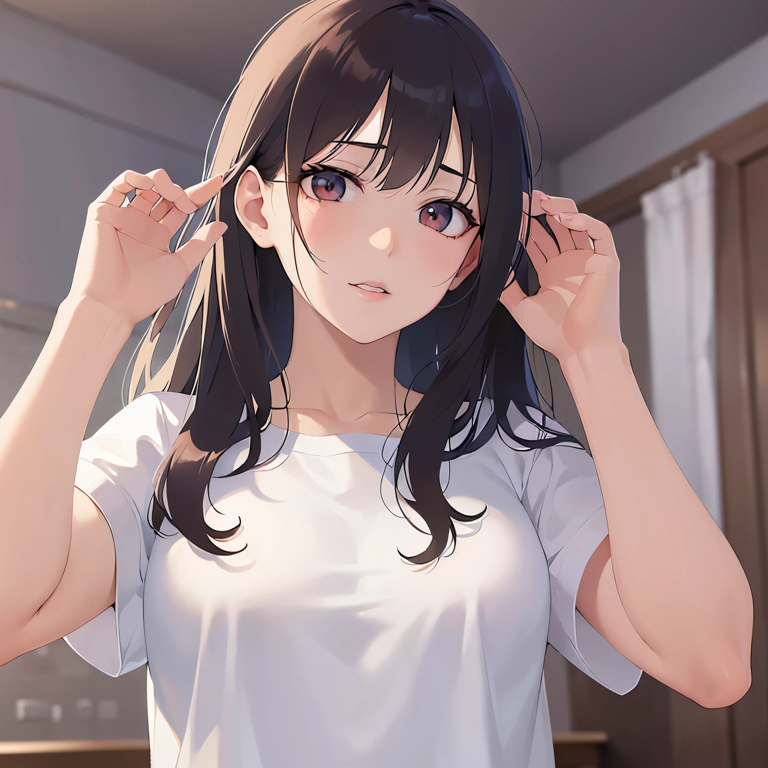 hand up, Shooting from below、Upper Body, Realistic, real person, (pale skin: 1.2), RAW photo, photorealistic, shiny skin, shiny hair、(A 25-year-old woman with medium-length hair and bangs) and (wavy hair) and (brown hair) and (Orange Eyes) , (White T-shirt) 、(sad:1.1), The background is a hospital room.、Alone、Are standing