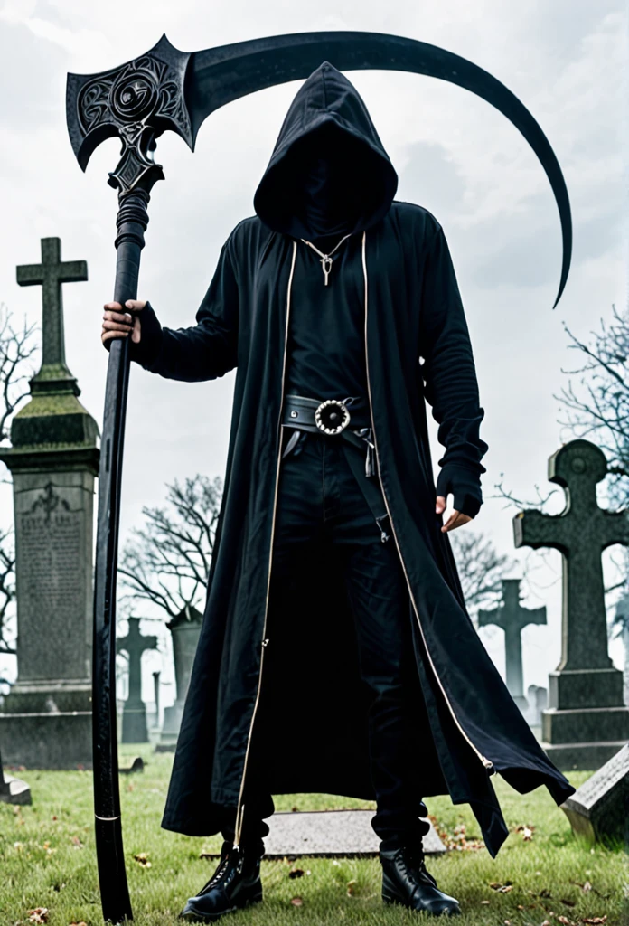 A man in a black hood holding a giant scythe、Slightly looking down、
BRAEK The place stands in the graveyard、It&#39;s foggy, the eyes are shadowed and dark.、BRAEK Moonlit night with the tip of the sickle shining、dim