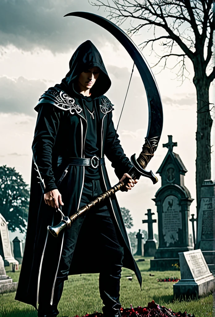 A man in a black hood holding a giant scythe、Slightly looking down、
BRAEK The place stands in the graveyard、It&#39;s foggy, the eyes are shadowed and dark.、BRAEK Moonlit night with the tip of the sickle shining、dim