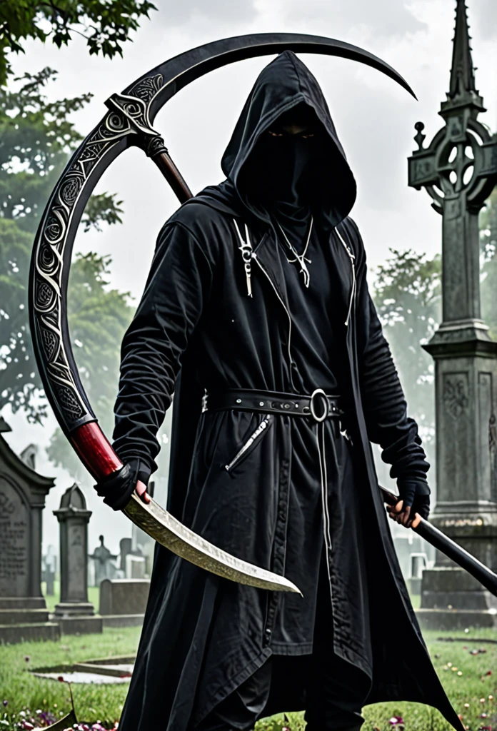 A man in a black hood holding a giant scythe、Slightly looking down、
BRAEK The place stands in the graveyard、It&#39;s foggy, the eyes are shadowed and dark.、BRAEK Moonlit night with the tip of the sickle shining、dim