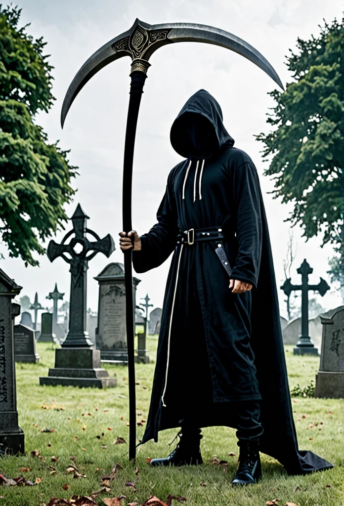 A man in a black hood holding a giant scythe、Slightly looking down、
BRAEK The place stands in the graveyard、It's foggy, the eyes are shadowed and dark.、BRAEK Moonlit night with the tip of the sickle shining、dim