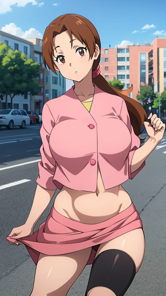In anime, a girl with light skin, sexy, cute, leaders, long brown hair, her brown eye, wears a pink button-down blouse, shows her navel, and a short blue skirt, black shoe, she travels, flying, sky background, city.
