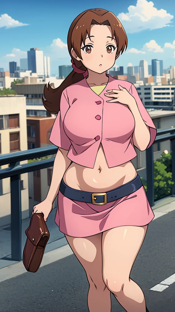 In anime, a girl with light skin, sexy, cute, leaders, long brown hair, her brown eye, wears a pink button-down blouse, shows her navel, and a short blue skirt, black shoe, she travels, flying, sky background, city.