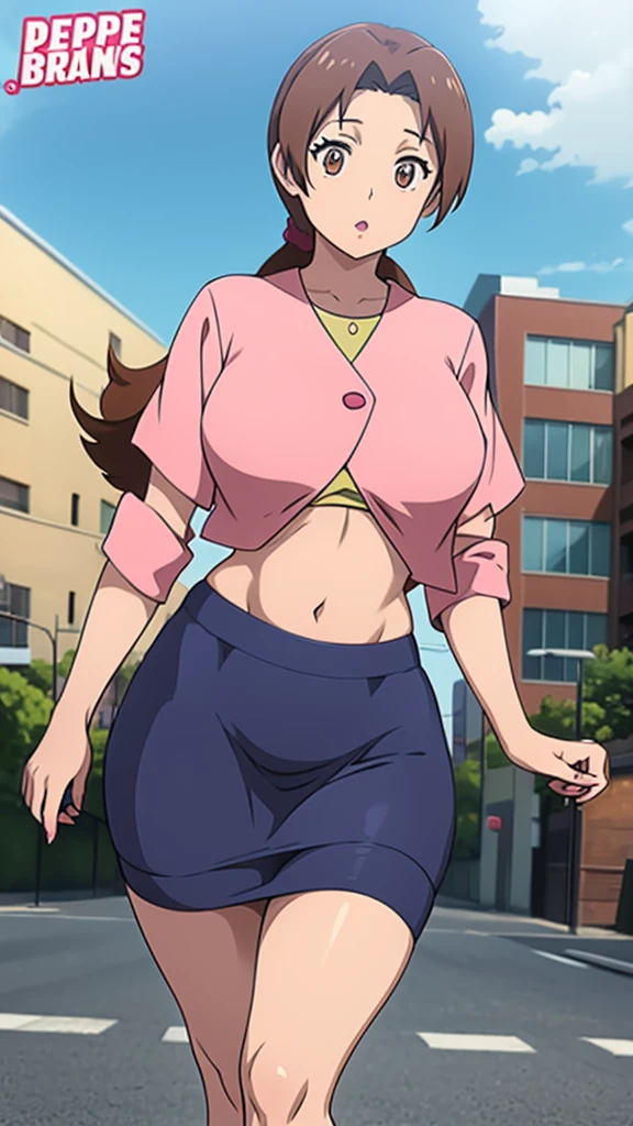 In anime, a girl with light skin, sexy, cute, leaders, long brown hair, her brown eye, wears a pink button-down blouse, shows her navel, and a short blue skirt, black shoe, she travels, flying, sky background, city.