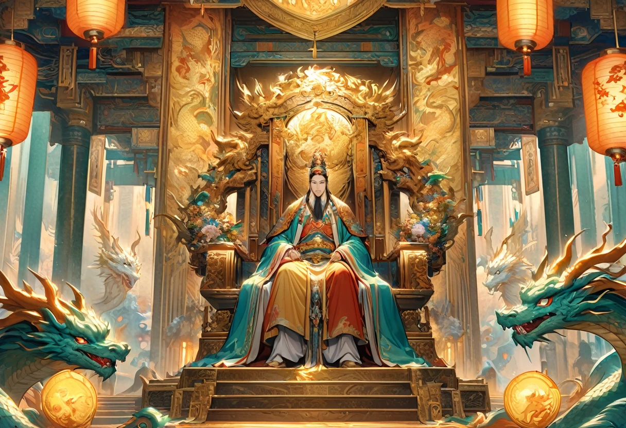 Jade Emperor seated on a magnificent golden throne in the heavenly realm. he looks down with kind, knowing eyes. A humble young farmer in simple clothing stands respectfully before him . Surround them with floating lanterns, mythical creatures like dragons and phoenixes, and vibrant celestial flora under a soft, golden light, symbolizing the sacred nature of the encounter.