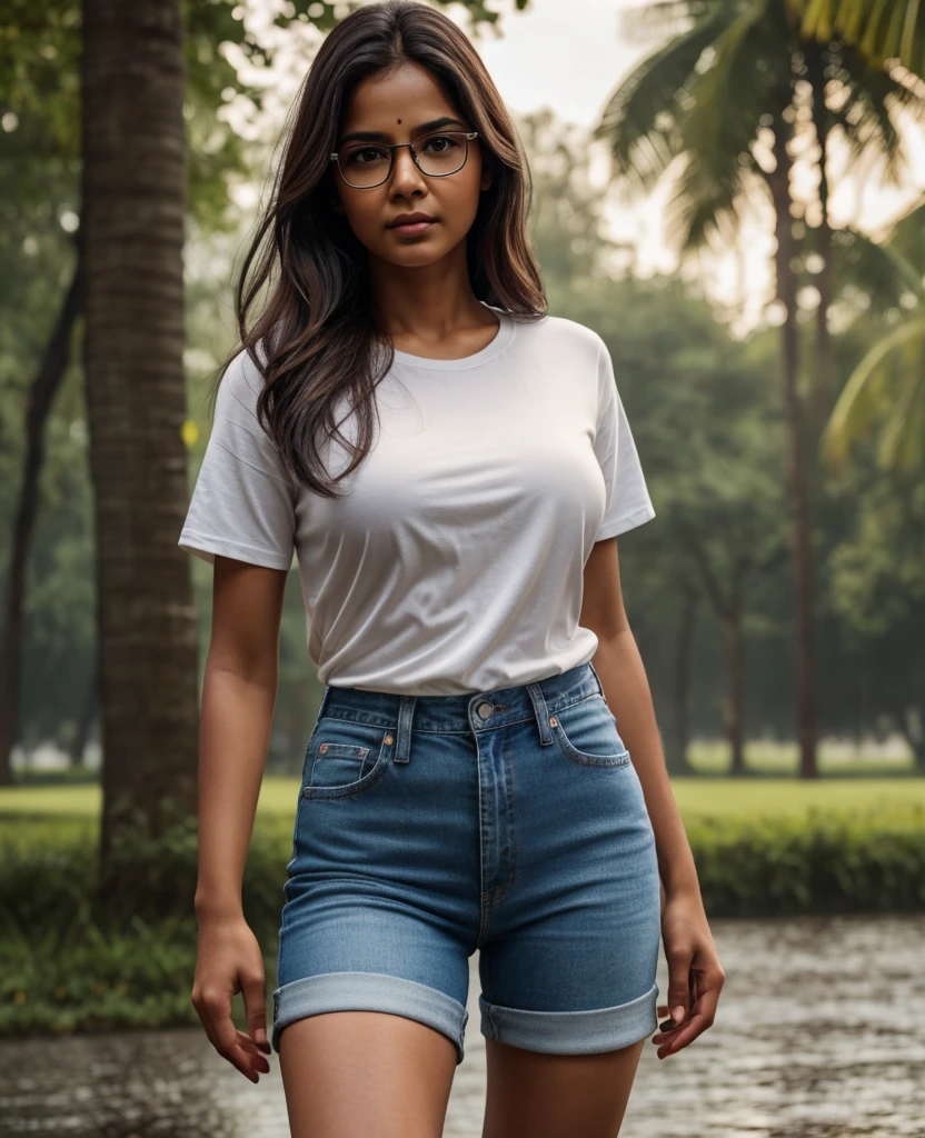 real photo, young indian girl, 45-year-old, full body, front view, walinkg in heavy raining, in the park, looking straight into camera, medium health, medium size breasts, perfect butt, thicker thighs, white tshirt till waist, running skin fit jeans broken pants, long hair, with black rectangular eyeglasses, in a park, gentle lighting, intricate  details, fair complexion, detail hands and legs, no need extra hands and legs, top-notch 3D rendering, hyper-realistic. photorealistic digital art trending on Artstation 8k HD high definition detailed realistic, detailed, sexy face, alittle short nose, oval shape face, small pupils, brown skin,skin texture, hyper detailed, realistic skin texture, armature, best quality, ultra high res, (photorealistic:1.4),, high resolution, detailed, raw photo, 400 camera f1.6 lens rich colors hyper realistic lifelike texture dramatic lighting unrealengine trending on artstation cinestill 800