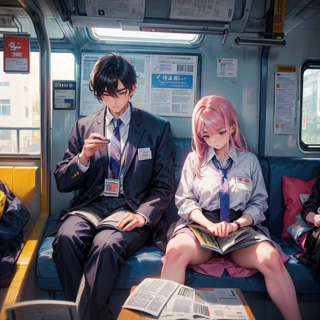 (pixel art_1.1)1female students,female students in front of me,female students is Sitting and sleeping on the train,standing on Young man,middle-aged Multiple Salaryman,One of them office worker is reading a newspaper,pixel art,8bit,NES,