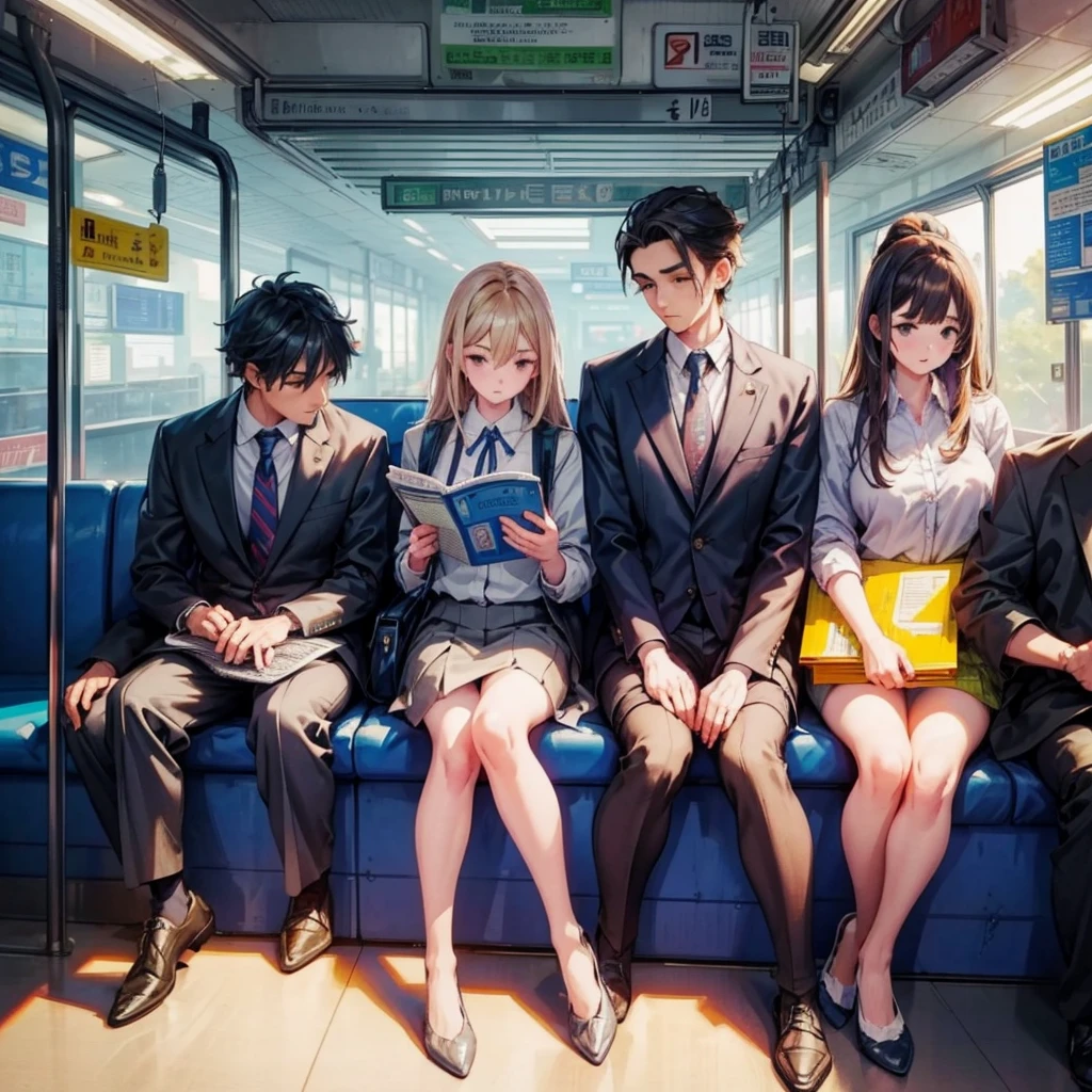 (pixel art_1.1)1female students,female students in front of me,female students is Sitting and sleeping on the train,standing on Young man,middle-aged Multiple Salaryman,One of them office worker is reading a newspaper,pixel art,8bit,NES,