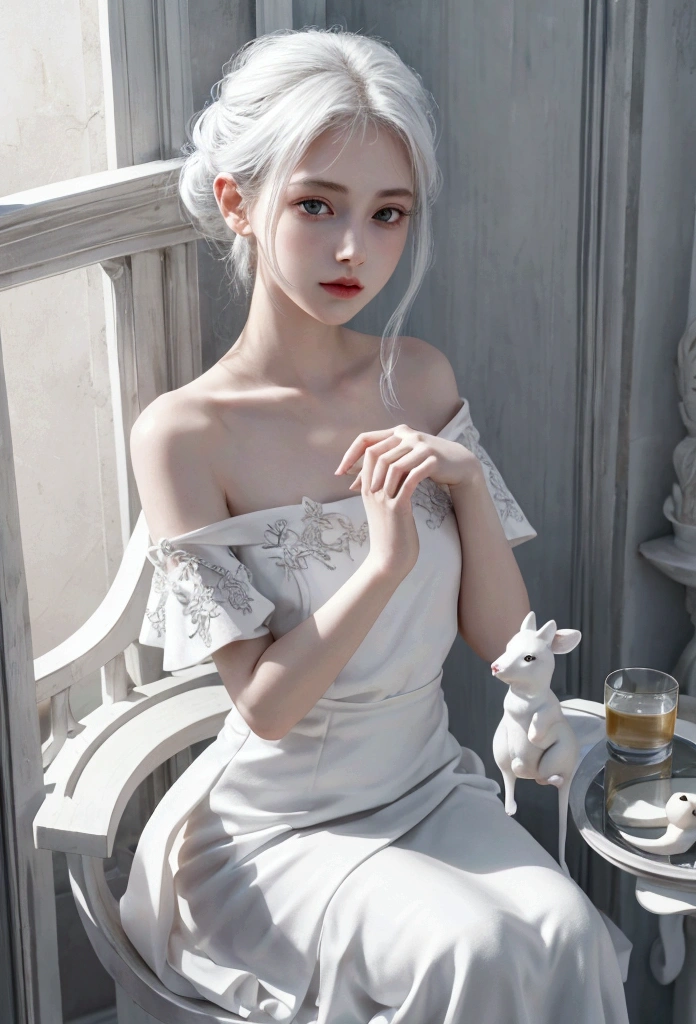 from front, portrait, from above, High resolution, high definition, ultra detailed, 4k, 8k, super masterpiece, BJD and a small white mouse are staring at each other, BJD is modeled after a beautiful 18-year-old woman, life size, Joints in the body are mechanical, BJD are battery powered, BJD are beautiful like sculptures, Hard white porcelain skin that shines white, BJD is sitting on a chair and looking at a white mouse, no makeup, white chignon hair, large glass eyes, Sleeveless white off-shoulder dress with elegant drape and beautiful embroidery, bisque doll, The white mouse is so small that she can wrap it in her hands, The small white mouse stands on two legs on the table, Beautiful fur of a realistic small white mouse, dreamy, aesthetic, gothic style, fantasy,