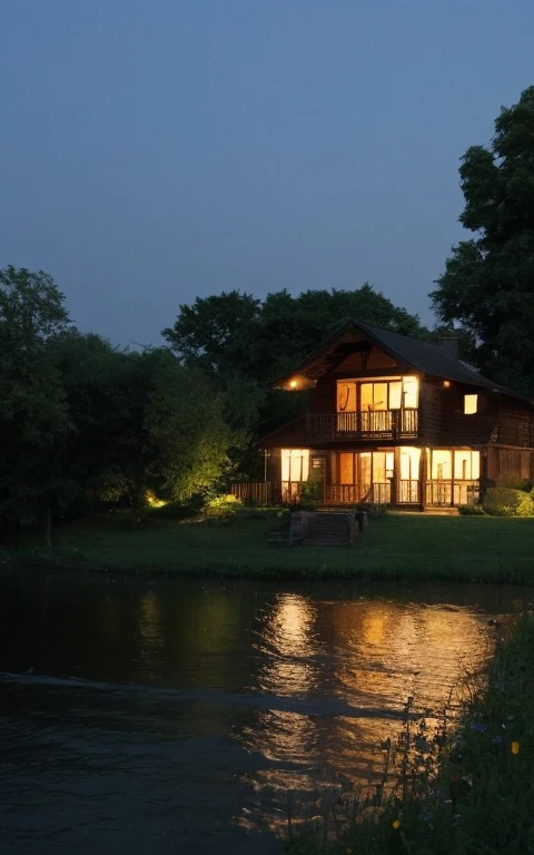 View from an old house、The river flows、Fireflies dance at night on the other side of the river、