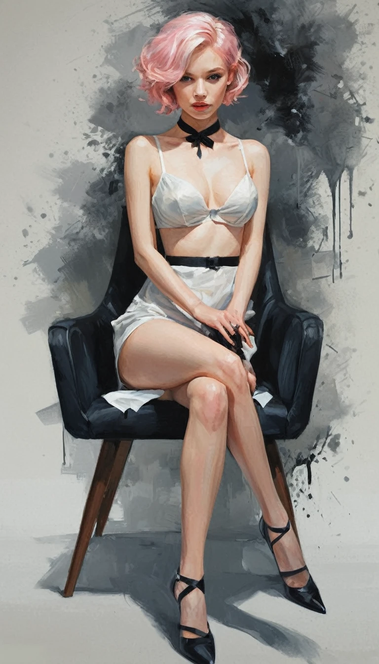 Abstract painting of an ethereal  female character. The canvas is filled with bold, and intricate patterns. Flowing linesand geometric shapes interact with each other
A captivating  &  female character with short, wavy pink hair, exuding a mysterious and sultry vibe. She is seated on a black chair, adorned with a white blouse and a black ribbon that adds a touch of elegance. The character's attire includes a black bralette, stockings with buckles, and black shoes. Her legs are elegantly crossed, adding to her poised demeanor. The background features a dark, moody setting with abstract brush strokes, creating a sense of depth and dimension that enhances the overall atmosphere of the piece.